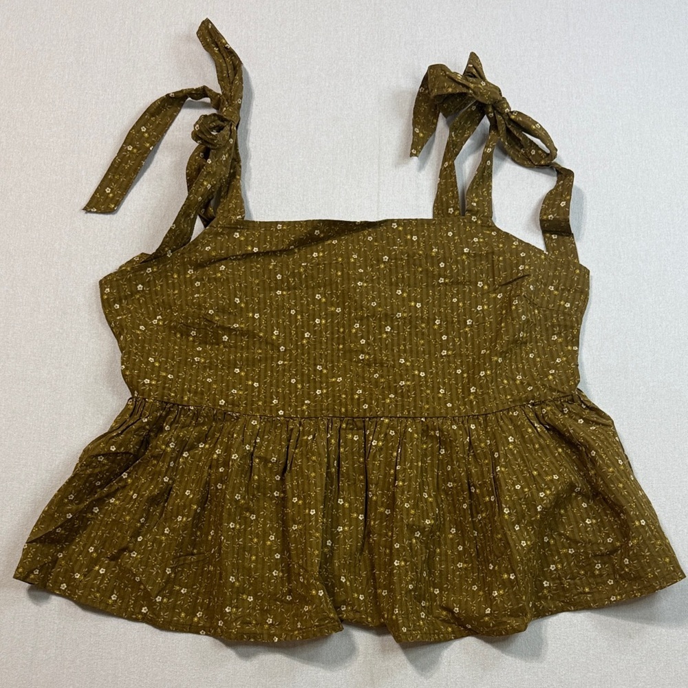 Madewell Olive Green Floral Tie-Strap Peplum Tank